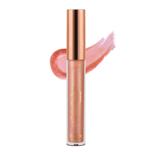 A tube of beige gold lip gloss with a glossy finish, displayed alongside a swatch of the product color.