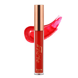 A tube of brick red lip gloss with a golden cap, alongside a swatch of the product showing its glossy texture.