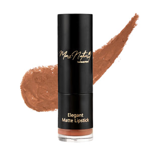 A tube of Elegant Matte Lipstick in a brown sugar color, with the brand name 'Marz Natural' written on the top and a swatch of the product color displayed next to it.