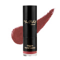A tube of Elegant Matte Lipstick in a Burnt Umber shade with a swatch of the product color displayed next to it.