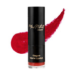 A tube of Elegant Matte Lipstick in a carmine red shade with a swatch of the product shown in a vibrant red color.