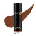 A tube of Elegant Matte Lipstick in a Coffee Brown shade with a swatch of the product color displayed behind.