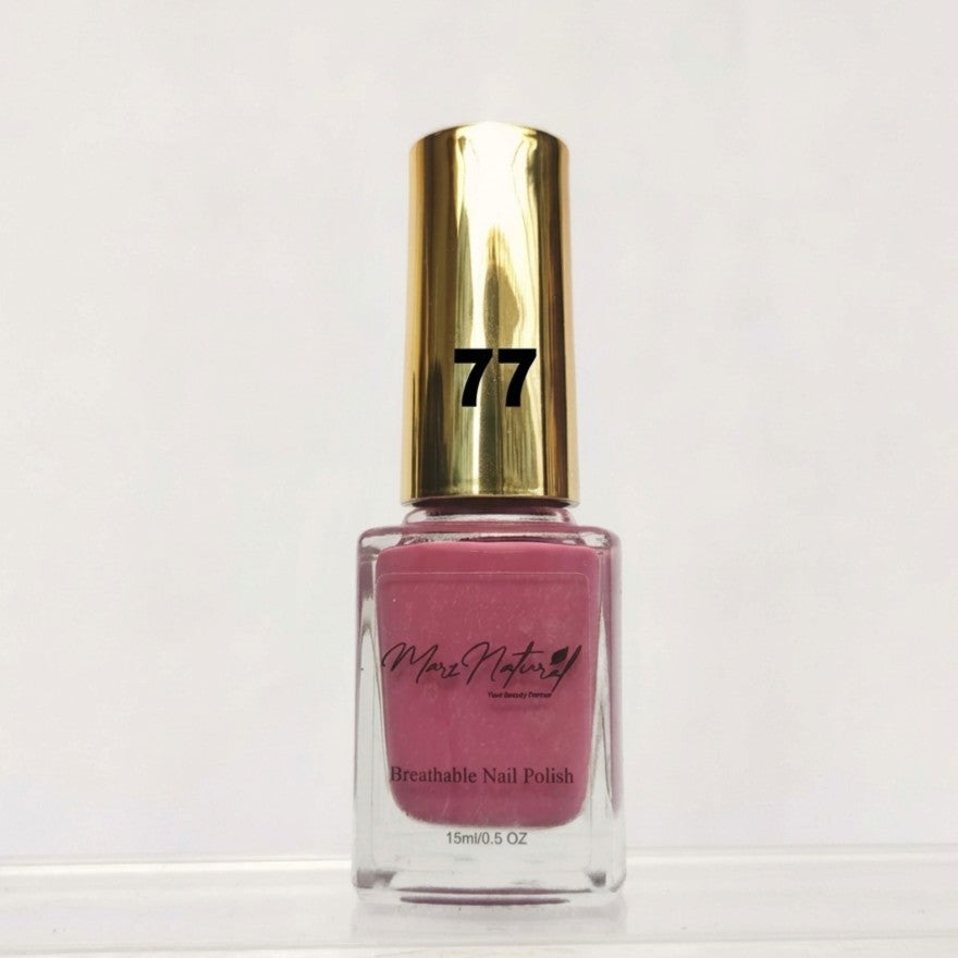 A bottle of Mary Natural 'Breathable' nail polish in shade 77, featuring a metallic gold cap and pink polish inside a clear glass bottle, set against a plain white background.