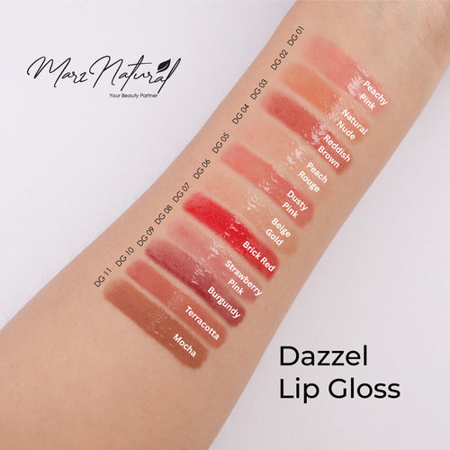 A forearm displays multiple glossy lip gloss swatches labeled with shade names and codes, including Peachy Pink, Hazel, Meddowd Brown, Peach Rouge, Dusty Pink, Bridge Gold, Brick Red, Strawberry Pink, Burgundy, Terracotta, and Modia. The brand name 'Marc Natural' is visible in the top left, and 'Dazzel Lip Gloss' is written in the bottom right.