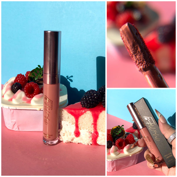 Collage of a lip gloss with a cake and close-up of the applicator against a colorful background.