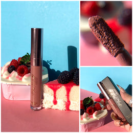 Collage of a lip gloss tube with a cake and berries, close-up of the lip gloss, and a hand holding the lip gloss.
