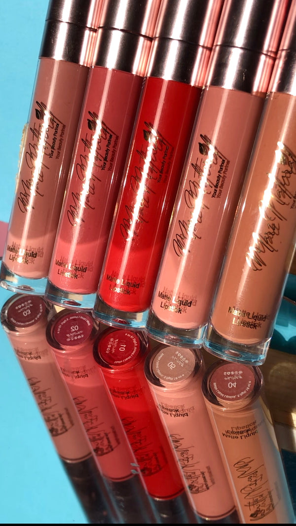 Set of lip glosses with visible brand name on a blue background