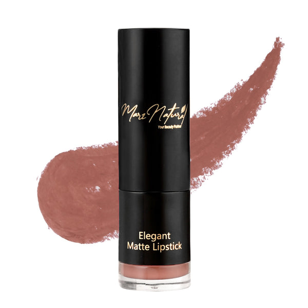A tube of Elegant Matte Lipstick in a caramel nude shade with a matte finish. The brand's name 'Marz Natural' is printed on the top, and the color of the lipstick is shown beside the tube.