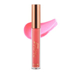 A tube of Dazzle Lip Gloss in Peach Rouge color with a glossy finish, alongside a swatch of the color.