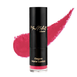 A tube of Elegant Matte Lipstick in pink color with a black cap, labeled with the brand name and product name.