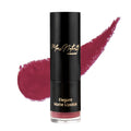 A tube of Elegant Matte Lipstick in a Plum Red shade with a swatch of the product color next to it.