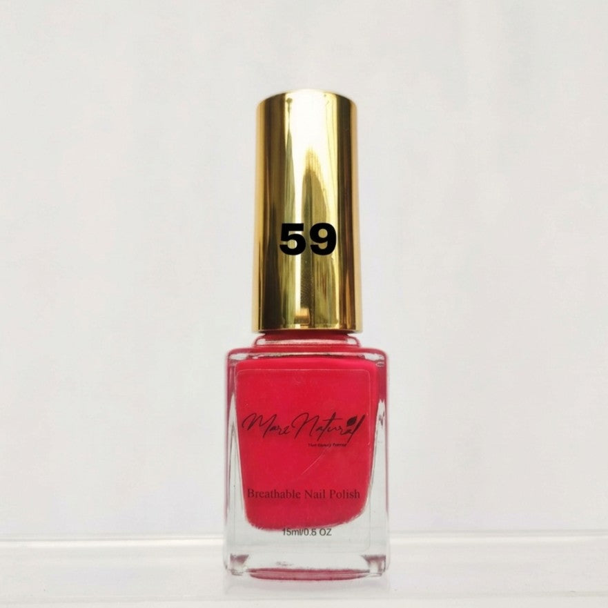 A bottle of Marc Notley Breathable Nail Polish in shade 59, featuring a vibrant pink-red polish inside a clear glass bottle with a shiny gold cap.