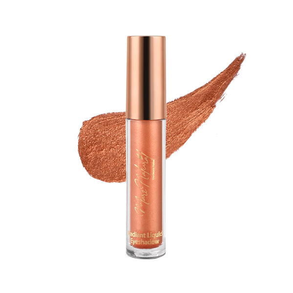 A tube of Radiant Liquid Eye Shadow in a shimmery copper color with a swatch of the product showing its glossy, metallic finish.