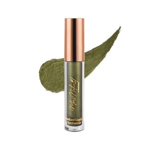 A bottle of shimmery olive green liquid eye shadow with a copper cap, alongside a swatch of the product showing its color and texture.