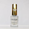 A bottle of Marc Motori Breathable Nail Polish with a shiny gold cap and clear glass bottle, labeled 'TOP' on the cap, set against a plain white background.