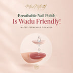 Promotional graphic for breathable nail polish that is wadu-friendly, showing a glossy nude-pink nail with a water droplet balancing on top, on a soft beige background with the text 'Breathable Nail Polish Is Wadu Friendly!' and the brand name Marz Natural.