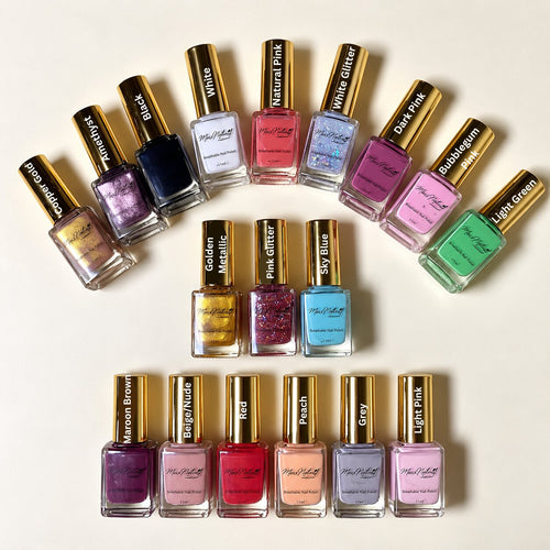 A collection of Millie Moon nail polishes arranged in rows on a light beige background, showcasing various colors and finishes including glitter, metallic, and solid shades.