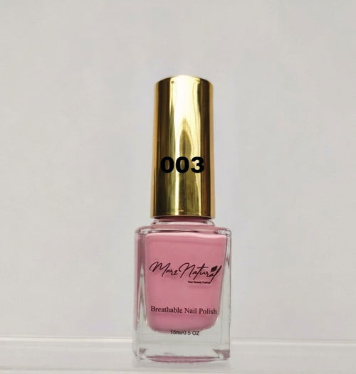 A bottle of pink nail polish with a shiny gold cap, labeled '003' and 'Max Natural Breathable Nail Polish', set against a plain light gray background.