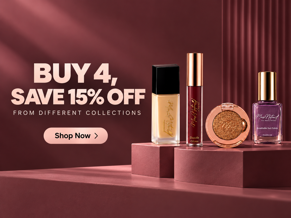 A promotional cosmetics banner with large text reading 'BUY 4, SAVE 15% OFF FROM DIFFERENT COLLECTIONS' and a 'Shop Now' button. Four makeup products are displayed on pink pedestals against a dark burgundy background: a foundation bottle, a lip product, a round gold eyeshadow compact, and a purple nail polish bottle.