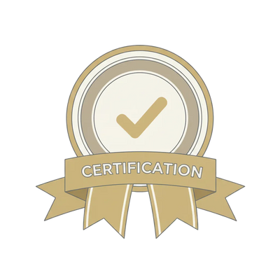 A gold and beige circular certification badge with a checkmark in the center and a ribbon banner reading 'CERTIFICATION' on a checkered gray-and-white background.