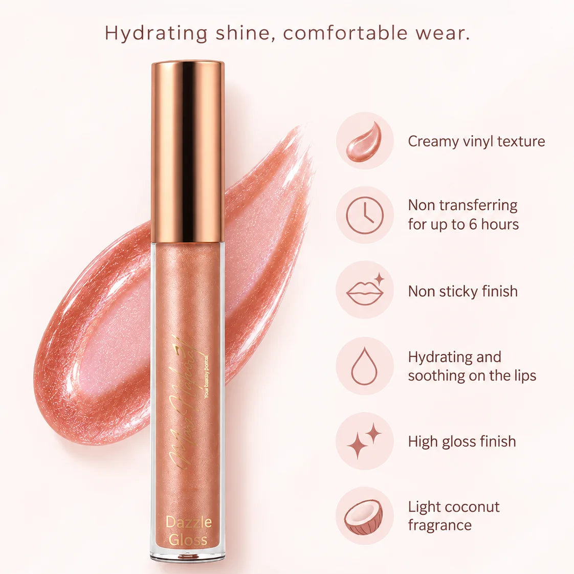 A tube of Doodle Gloss lip product with a metallic rose gold cap, shown next to a pink gloss swatch on a pale pink background. Text on the image lists product benefits such as creamy vinyl texture, non-transferring for up to 6 hours, non-sticky finish, hydrating and soothing on the lips, high gloss finish, and light coconut fragrance.