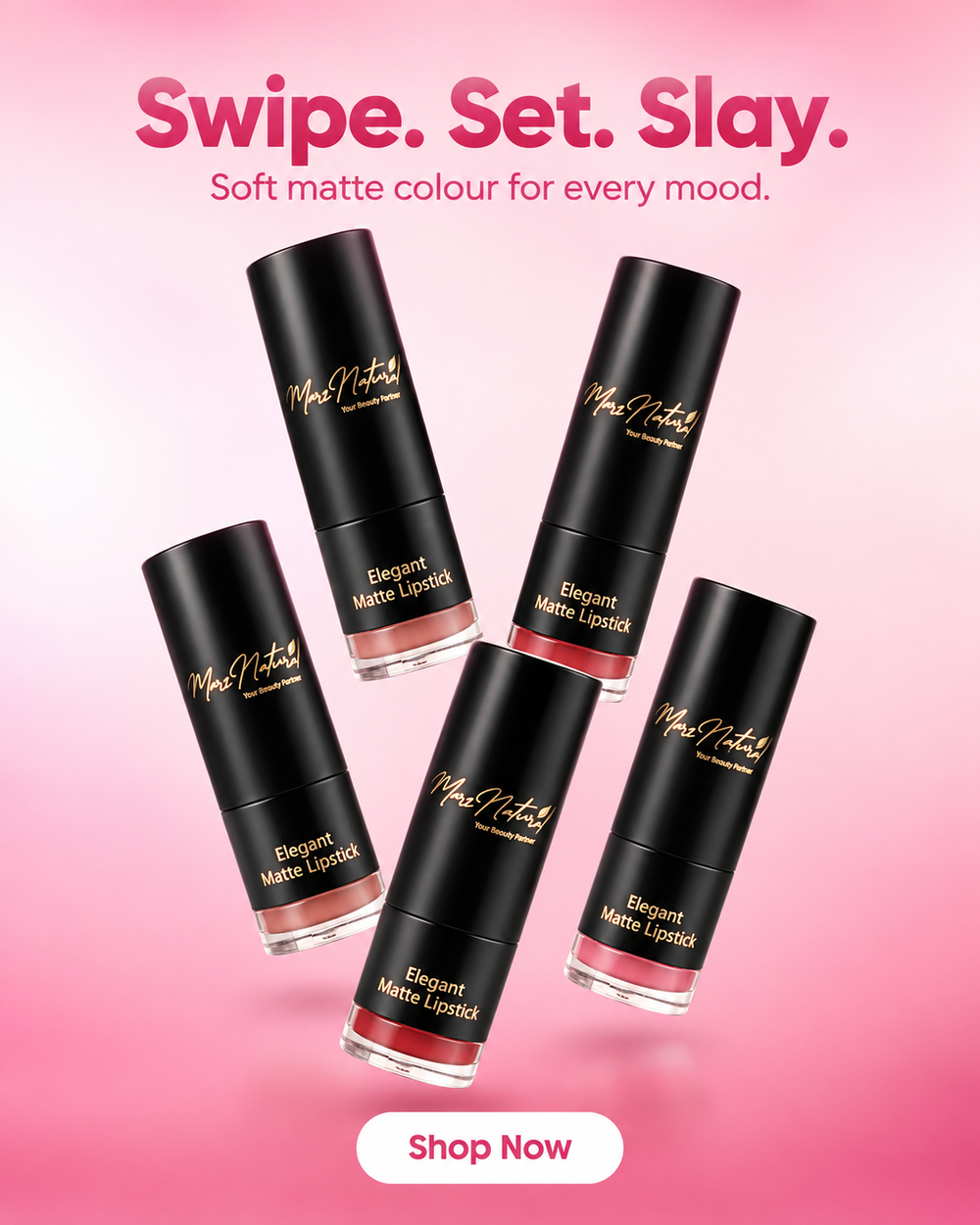 Five black MAC lipstick tubes with gold lettering are arranged on a pink gradient background with the text 'Swipe. Set.