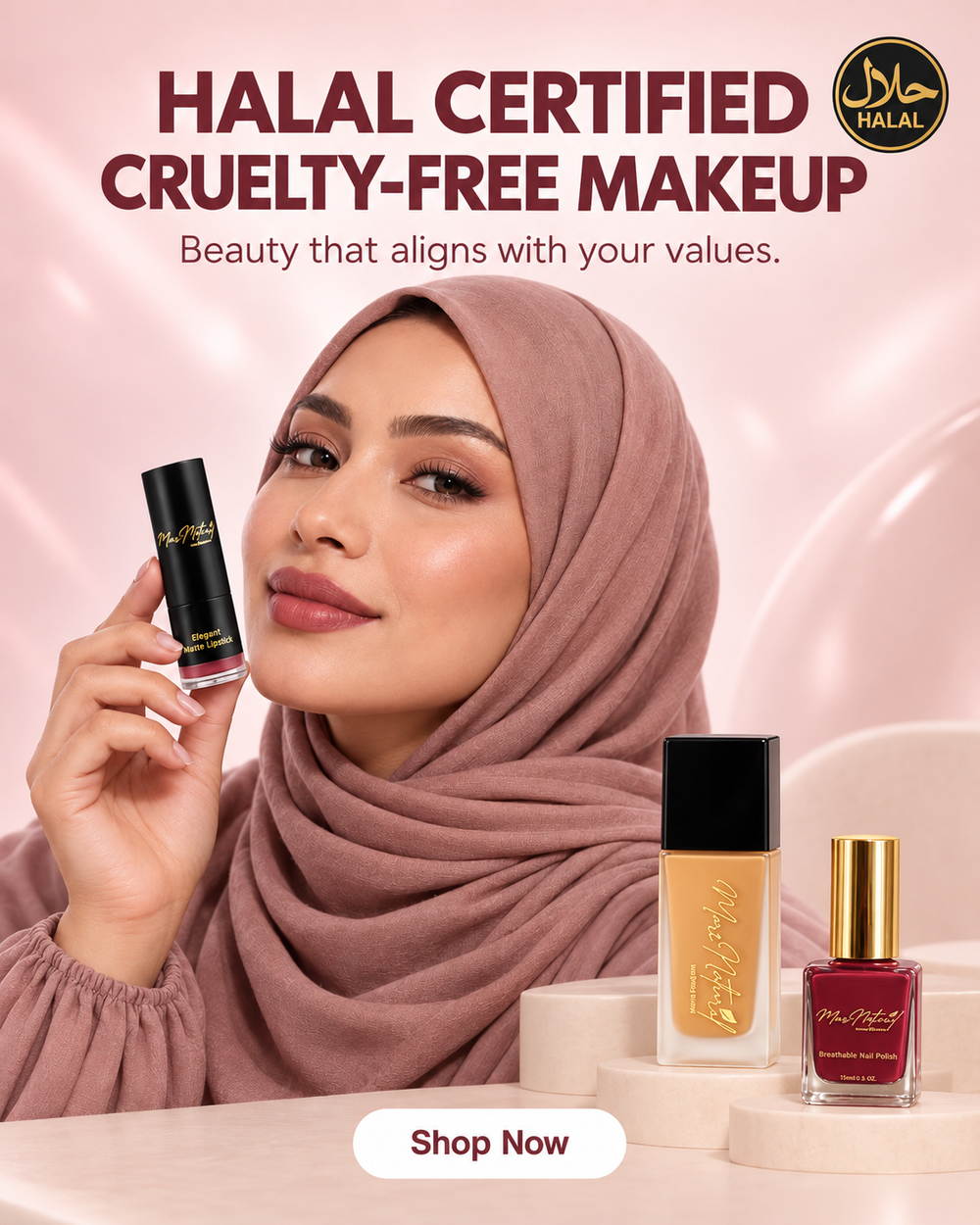 A promotional beauty ad featuring a woman in a dusty rose hijab holding a black lip product, with additional makeup products displayed on white pedestals. Large text reads 'HALAL CERTIFIED CRUELTY-FREE MAKEUP' with a halal logo and a 'Shop Now' button.
