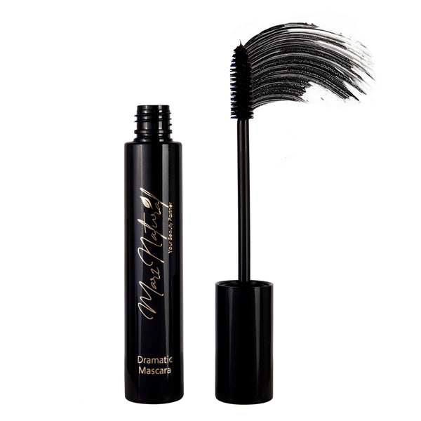 A tube of Dramatic Mascara by Marz Natural with the wand applicator showing the bristles coated with black mascara, indicating the product's ability to lengthen and define lashes.